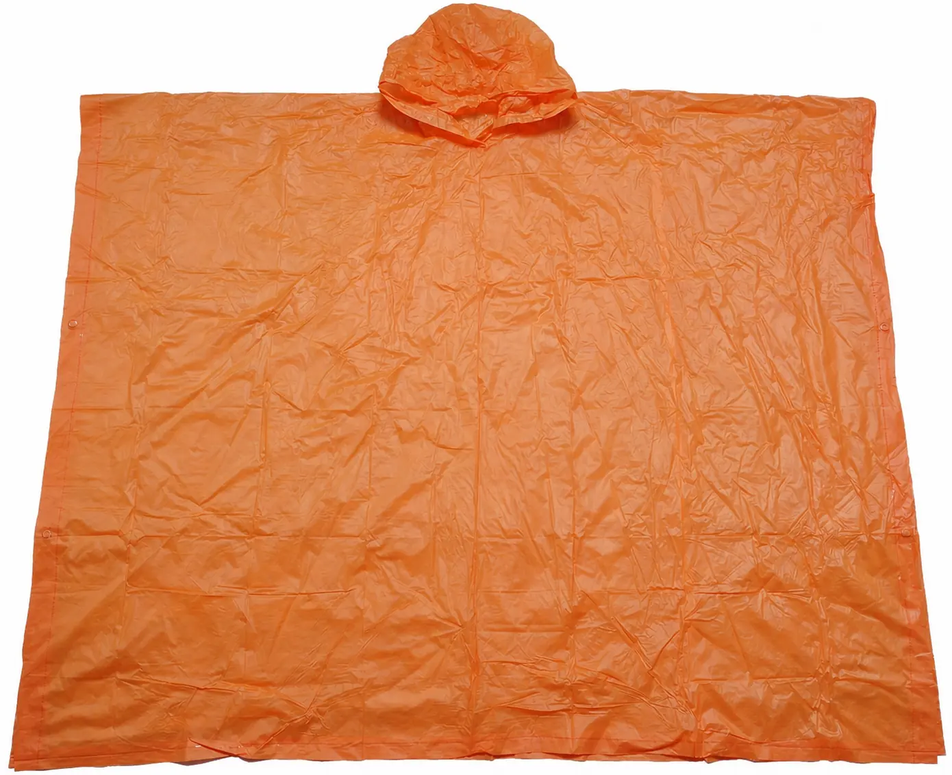 Complete orange PVC rain poncho showing hooded silhouette, side snaps, color and glossy surface