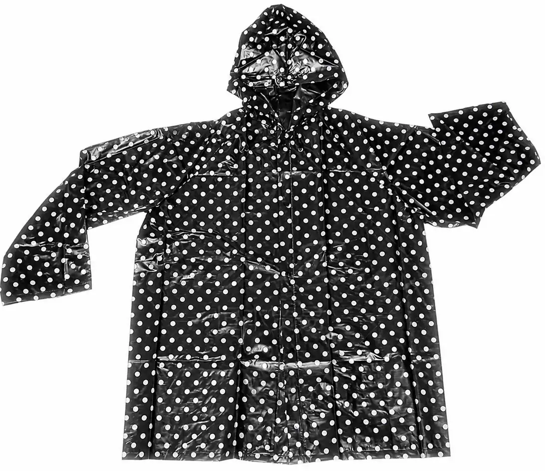 Complete black patterned PVC hooded jacket with sleeves, front opening and pockets