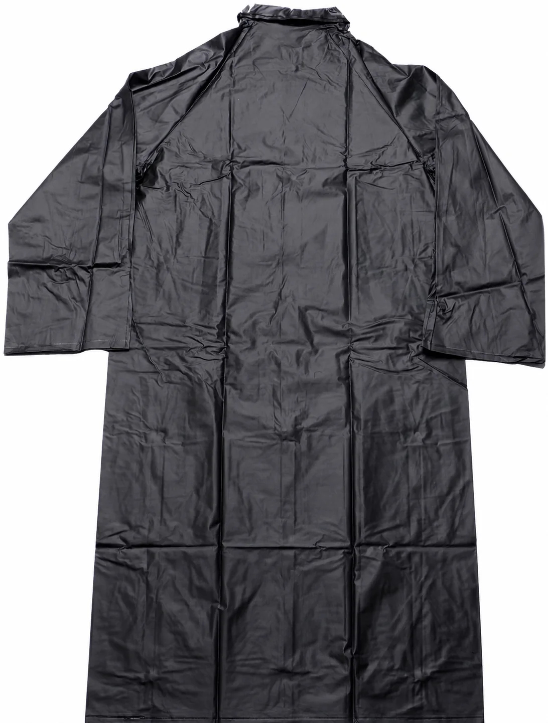Complete black PVC long raincoat rear view showing glossy surface and natural folds