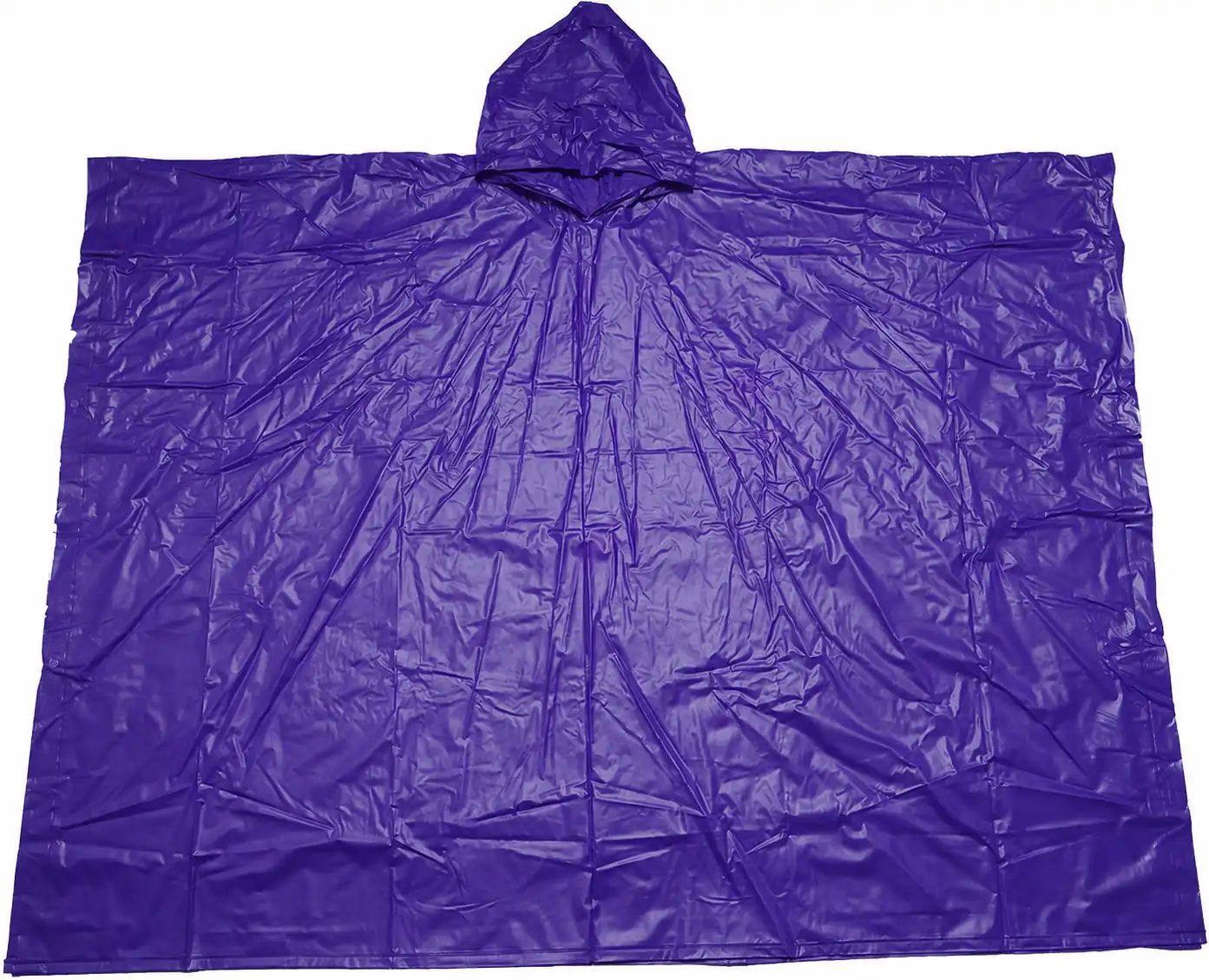 Complete purple PVC rain poncho showing hooded silhouette and side snaps