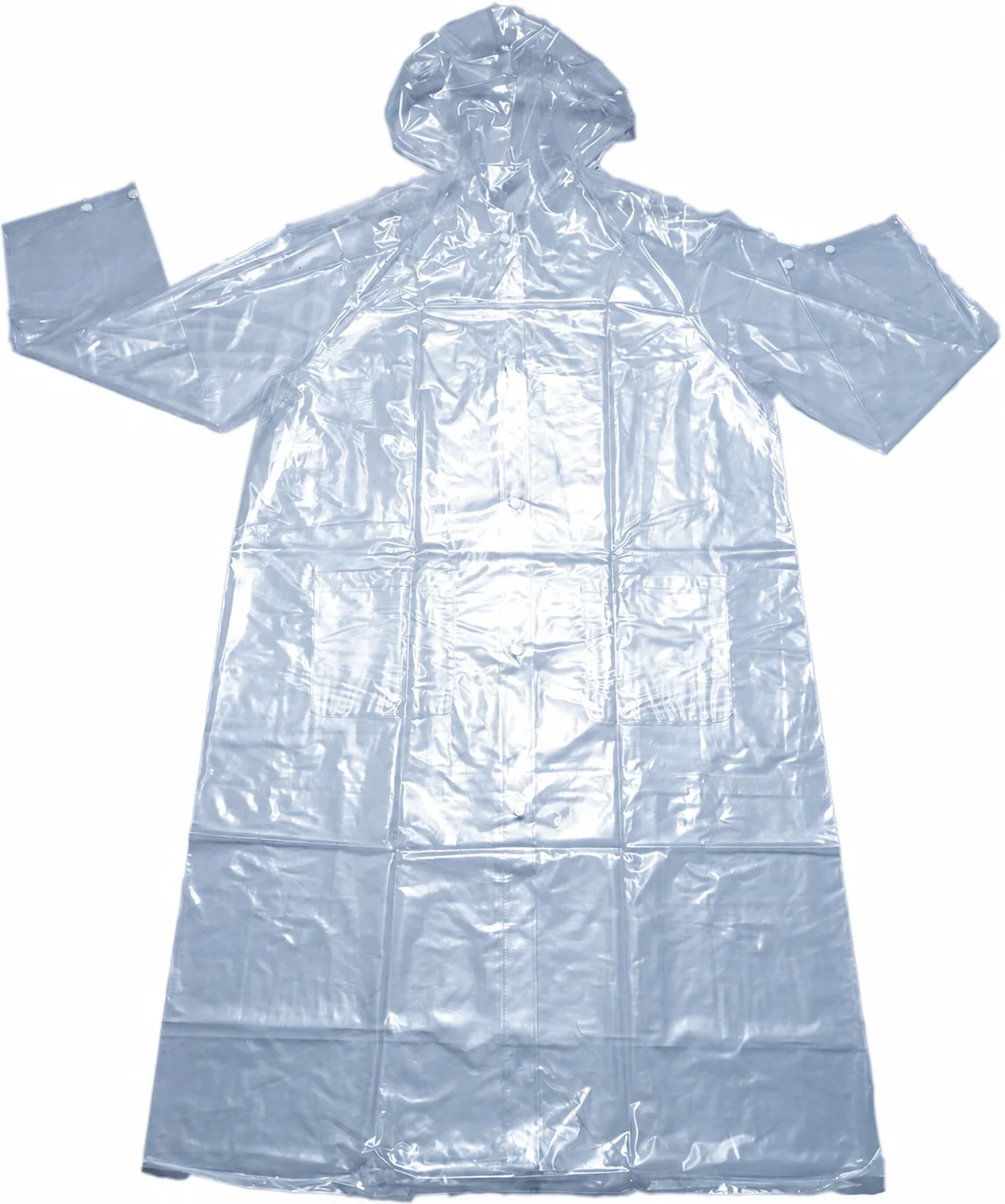 Complete clear PVC hooded long raincoat showing full silhouette, front opening and pockets