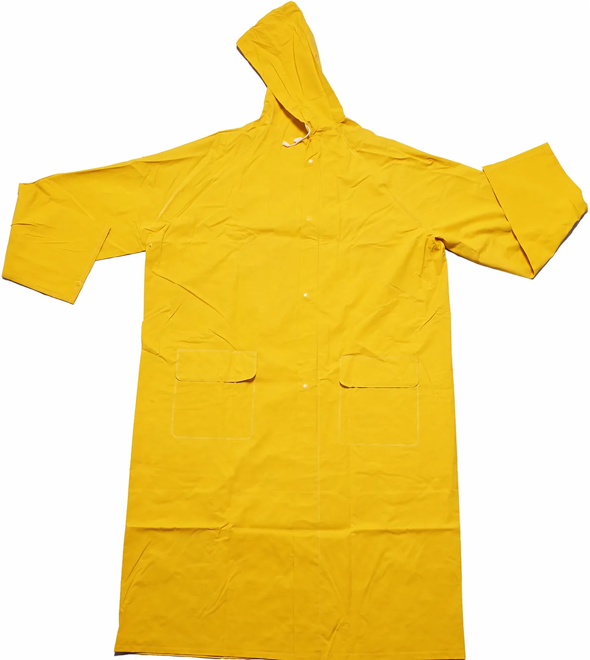 Complete yellow PVC long raincoat front view with hood, snaps and pockets