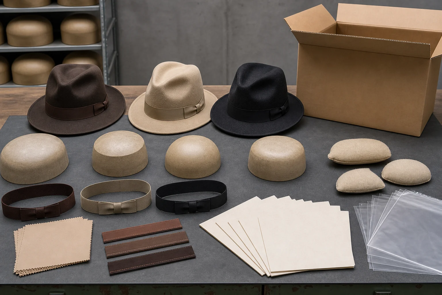 Three complete finished hats keep crown, brim, trim, internal support, packing and recovery evidence in one approval view.