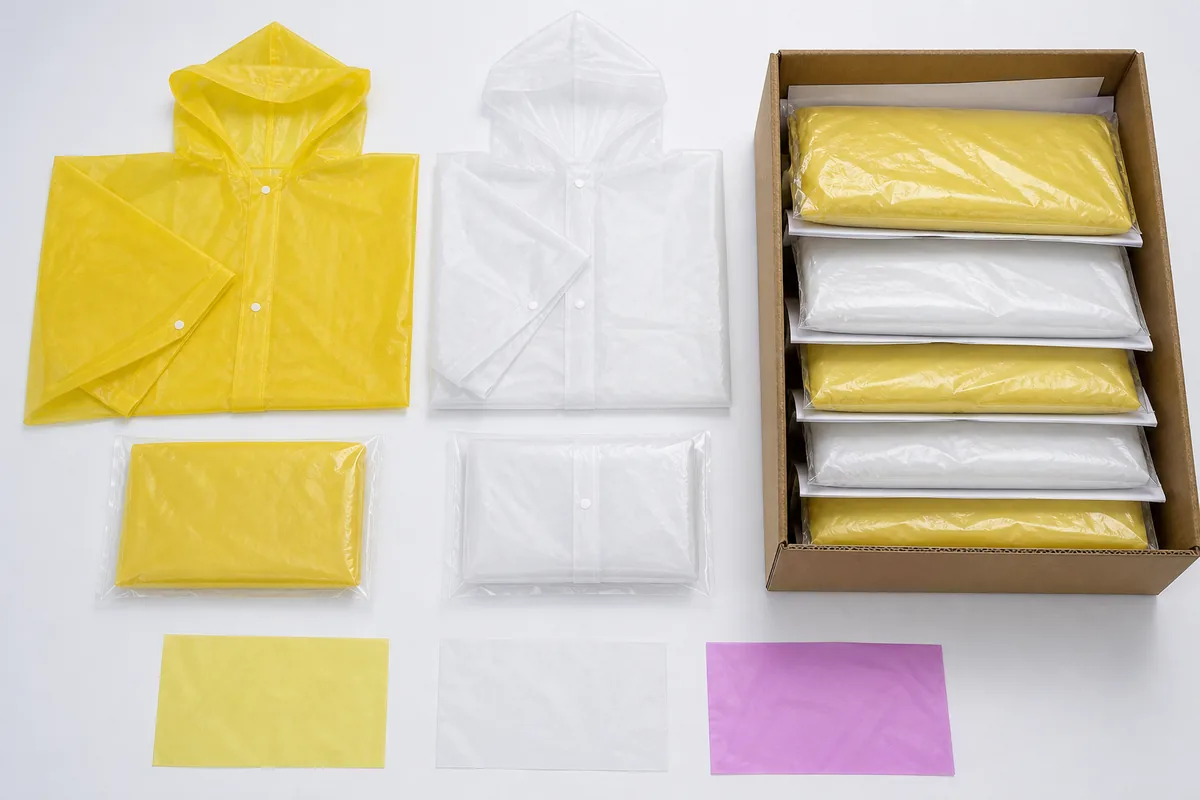 Yellow and clear EVA or PEVA rainwear shown flat, folded, bagged with paper separators and placed in a kraft carton