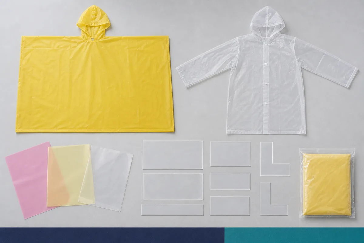 Yellow cape, translucent jacket, film specimens and construction coupons for EVA or PEVA sourcing review