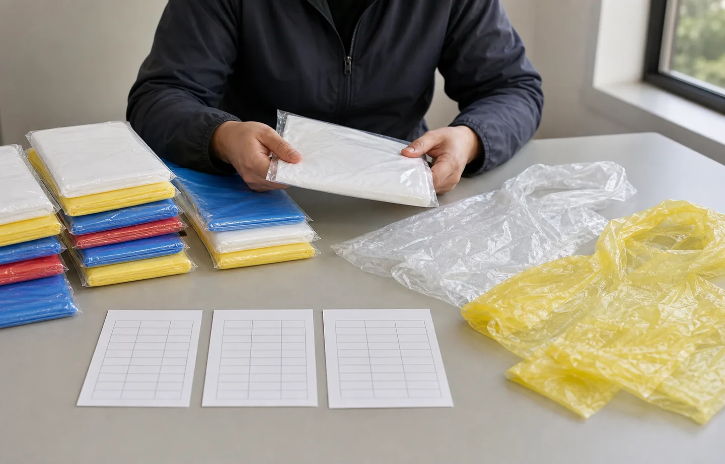 Operations manager comparing unopened PE poncho packs with opened sample units and blank tally cards
