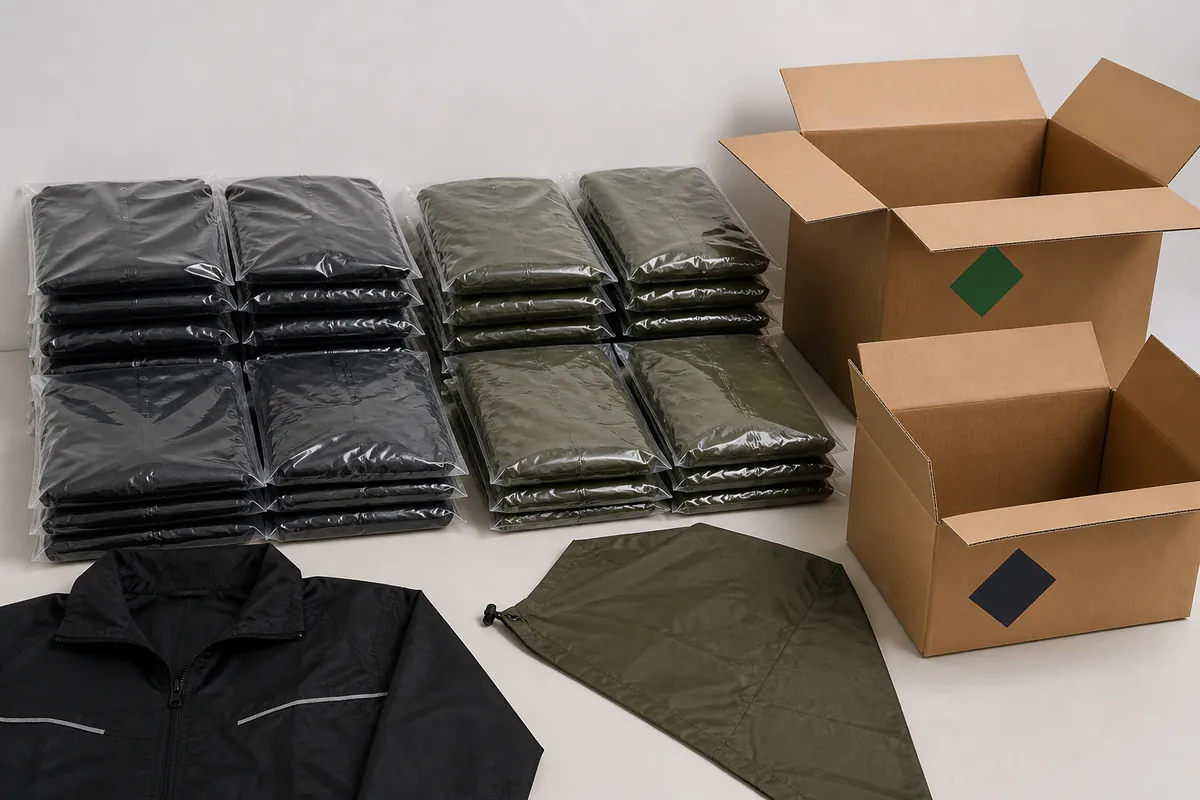 Folded unbranded nylon jackets and ponchos grouped beside plain destination cartons