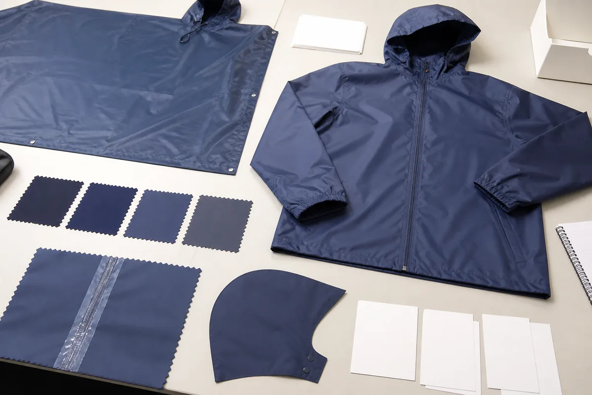 Unbranded polyester jacket poncho lining and shell swatches arranged for a B2B buying decision