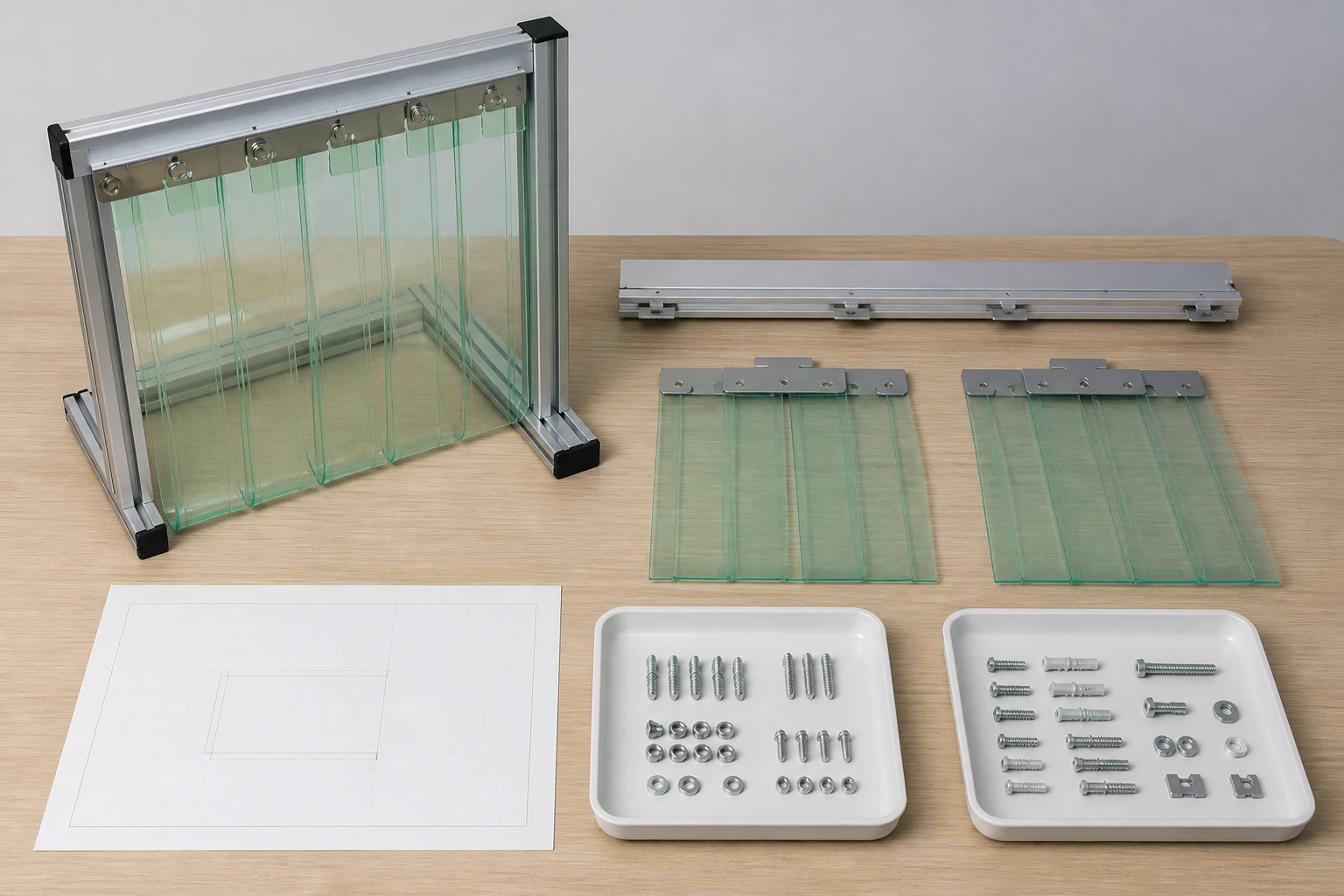 Complete frame corner rail prepared strips and separated generic fastener trays