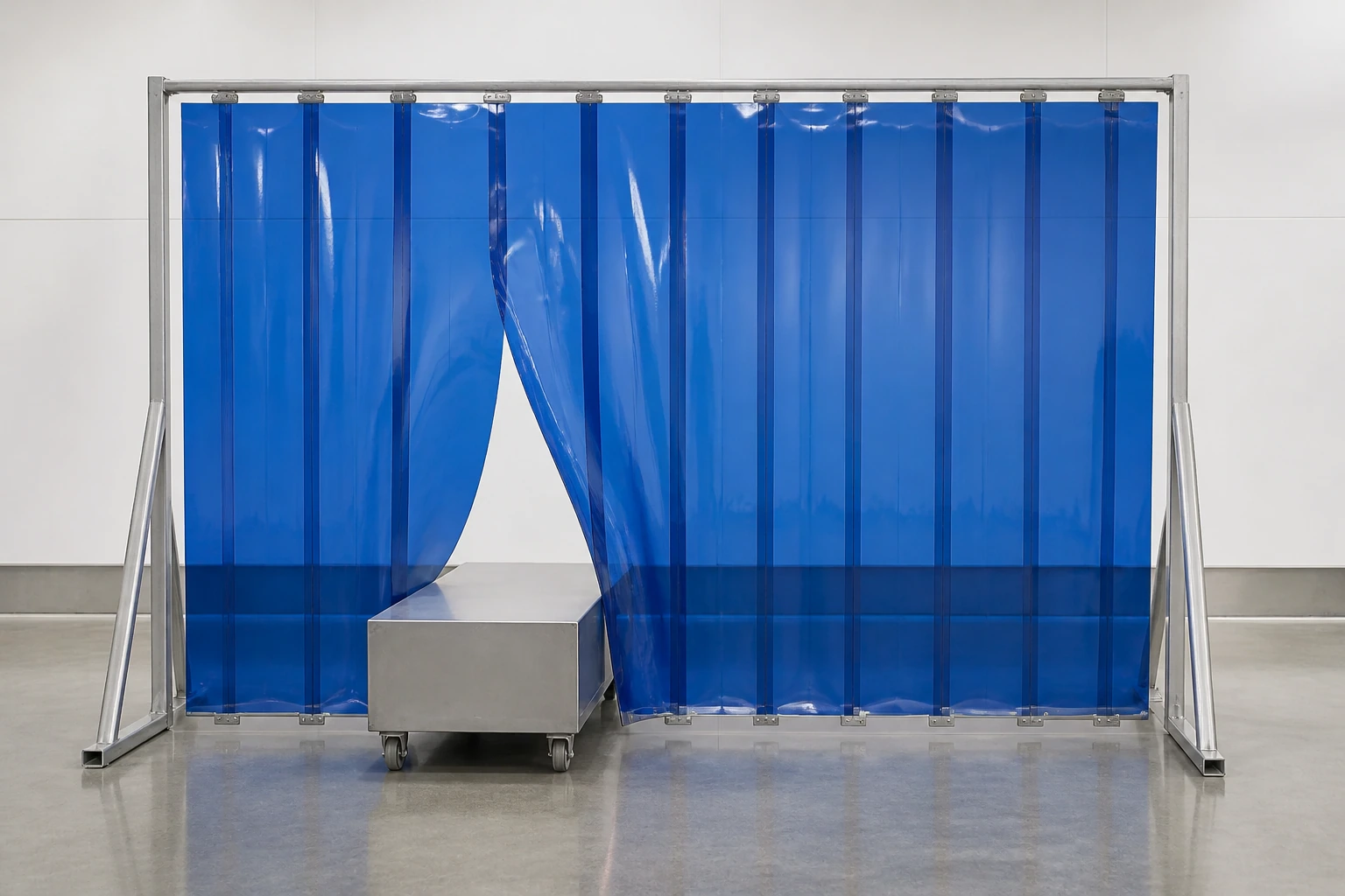 Complete freestanding strip-curtain bay displaced by a plain test trolley