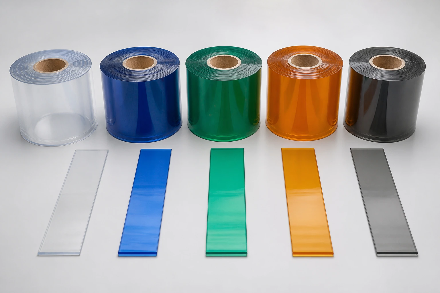 Five complete translucent PVC rolls and matching colour samples