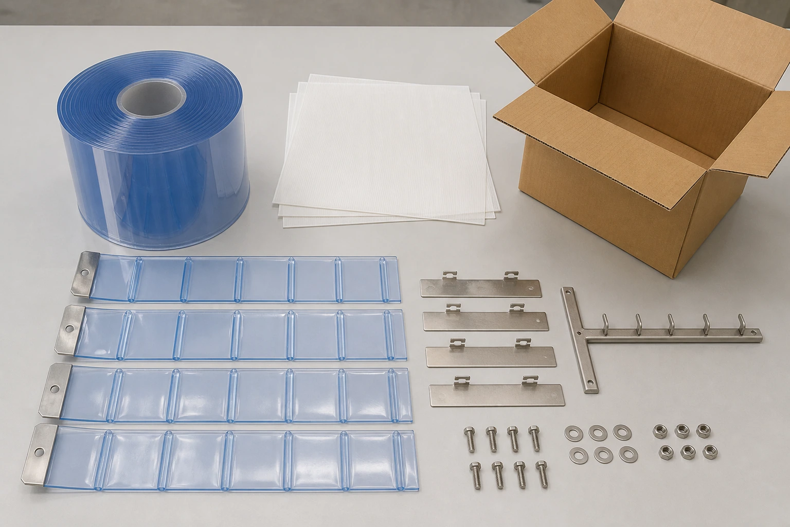 PVC strip roll, prepared strip components, rail, plates, fasteners and carton