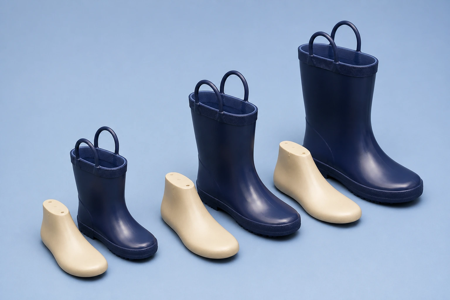 End-size rubber boots paired with neutral lasts