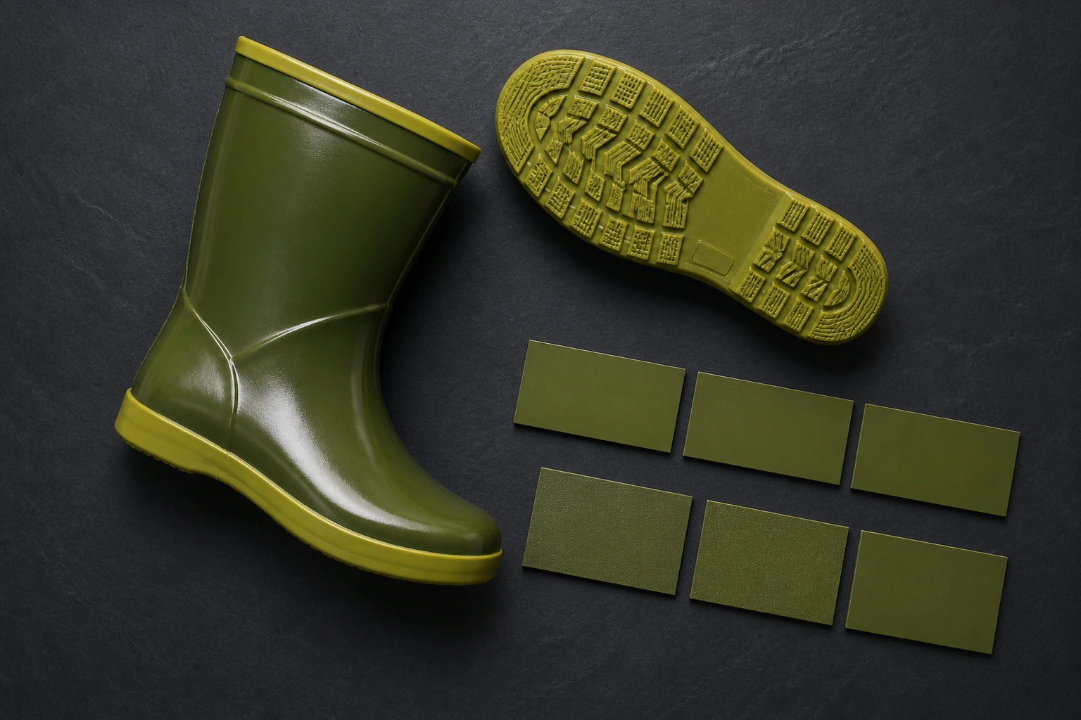Complete short rubber boot beside outsole and condition tiles