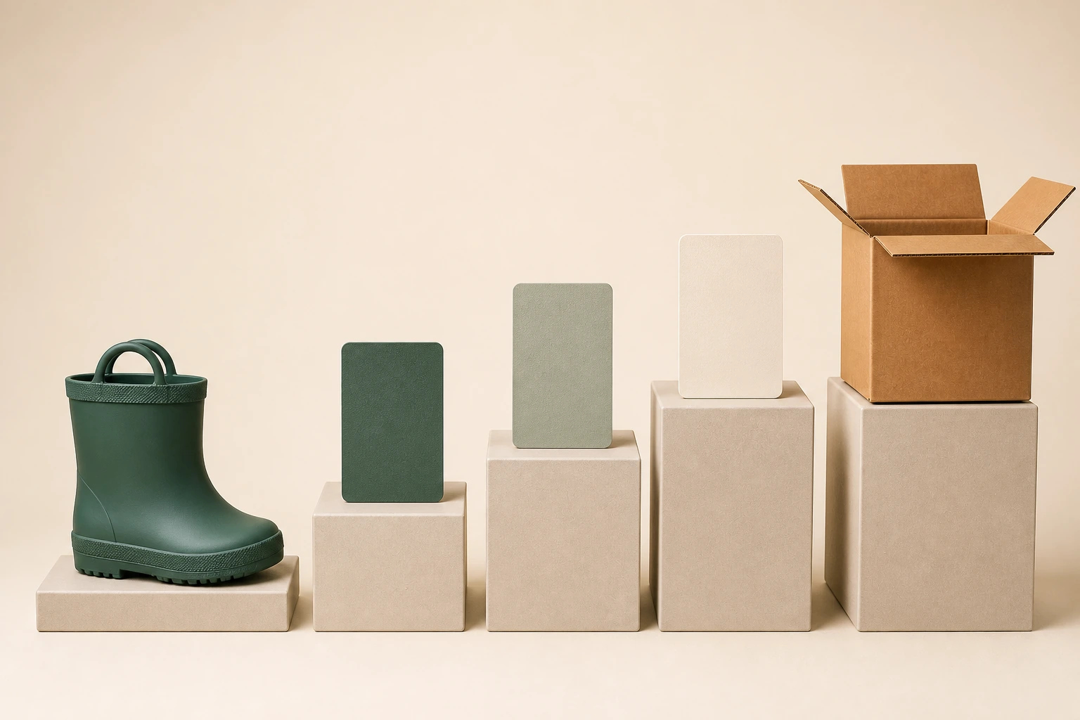 One complete rubber boot, material coupons and an open carton arranged as a sample ladder