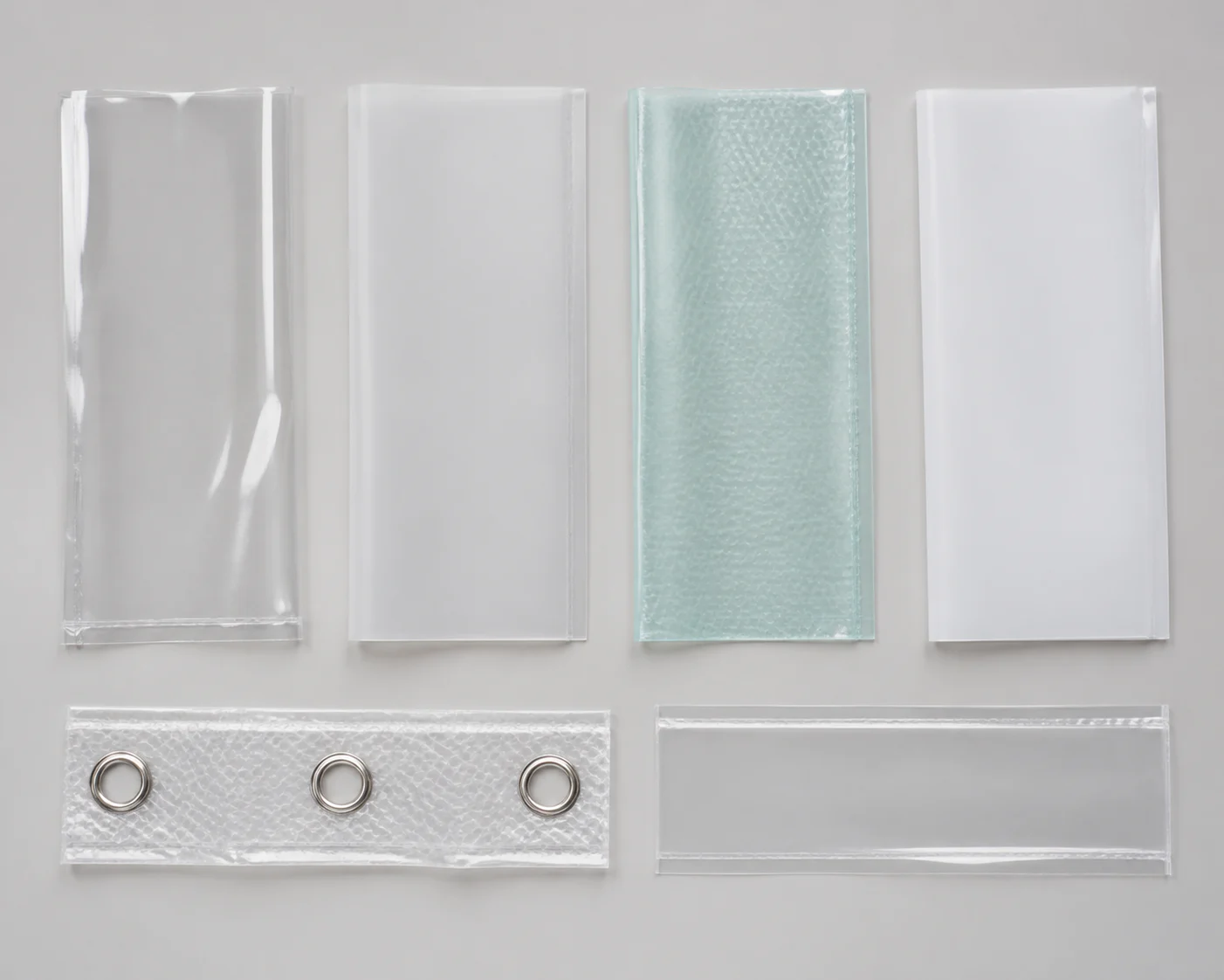 Unlabelled clear, frosted, embossed and translucent film references with separate header and edge samples.