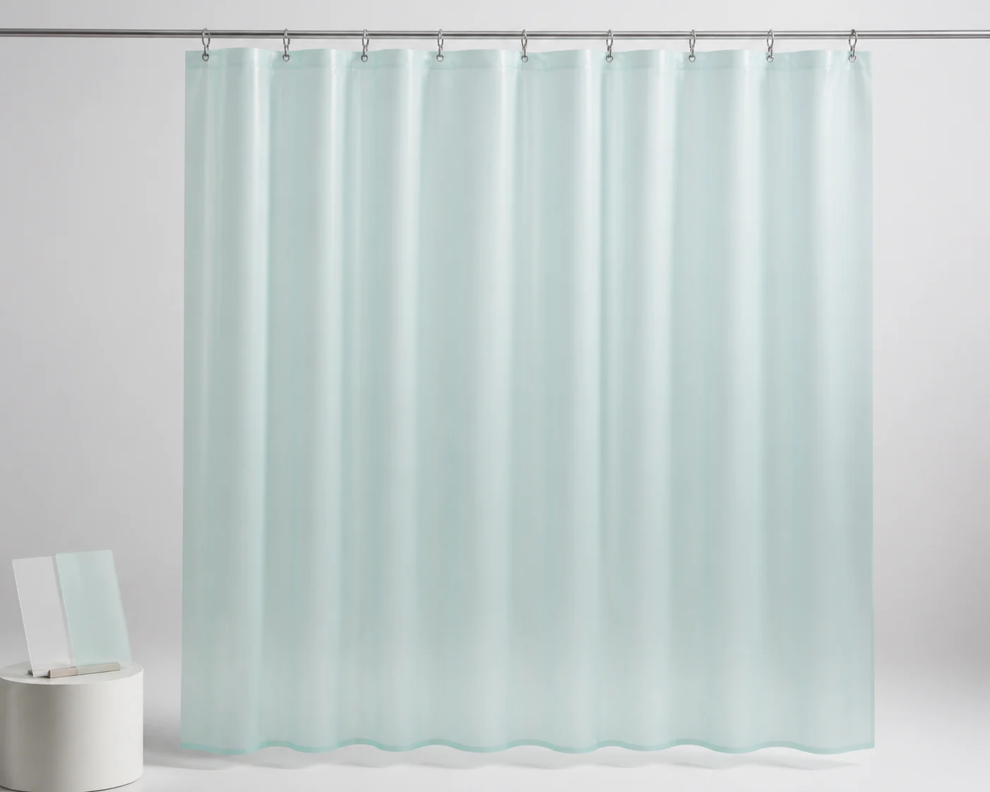 Complete pale aqua EVA PEVA shower curtain displayed alone for a buying guide