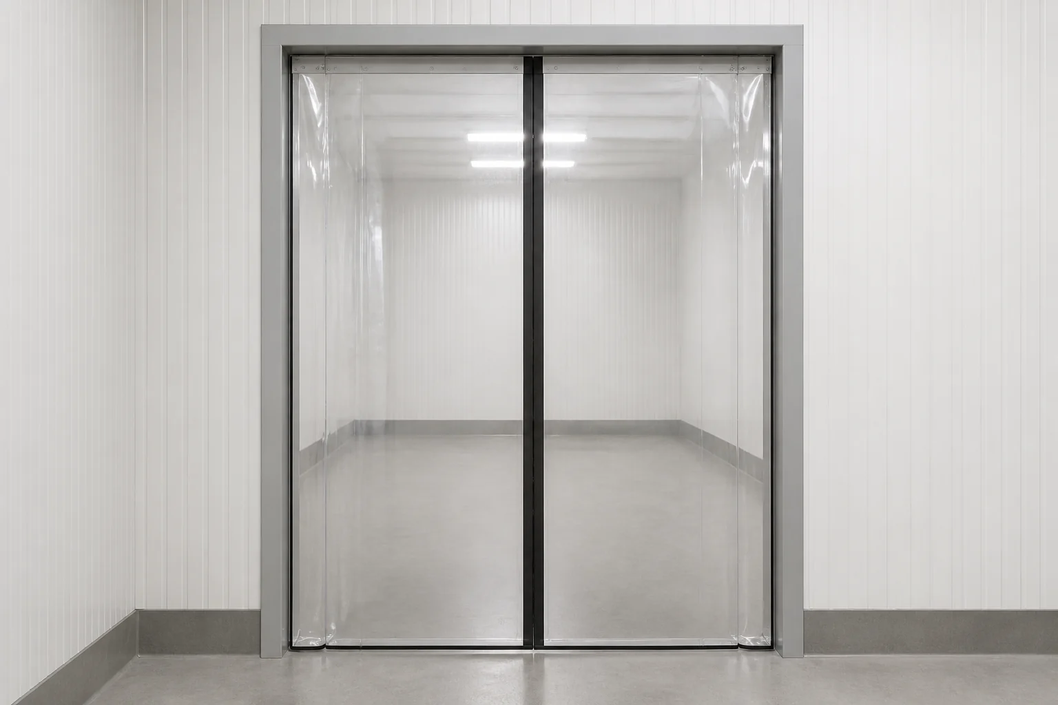 Complete cold-room anteroom doorway fitted with clear magnetic PVC panels without text overlay