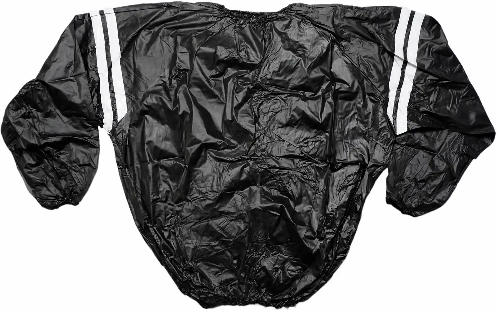 Clean EverBen-owned black PVC rain jacket photograph showing glossy vinyl texture, reflective strips and full garment construction