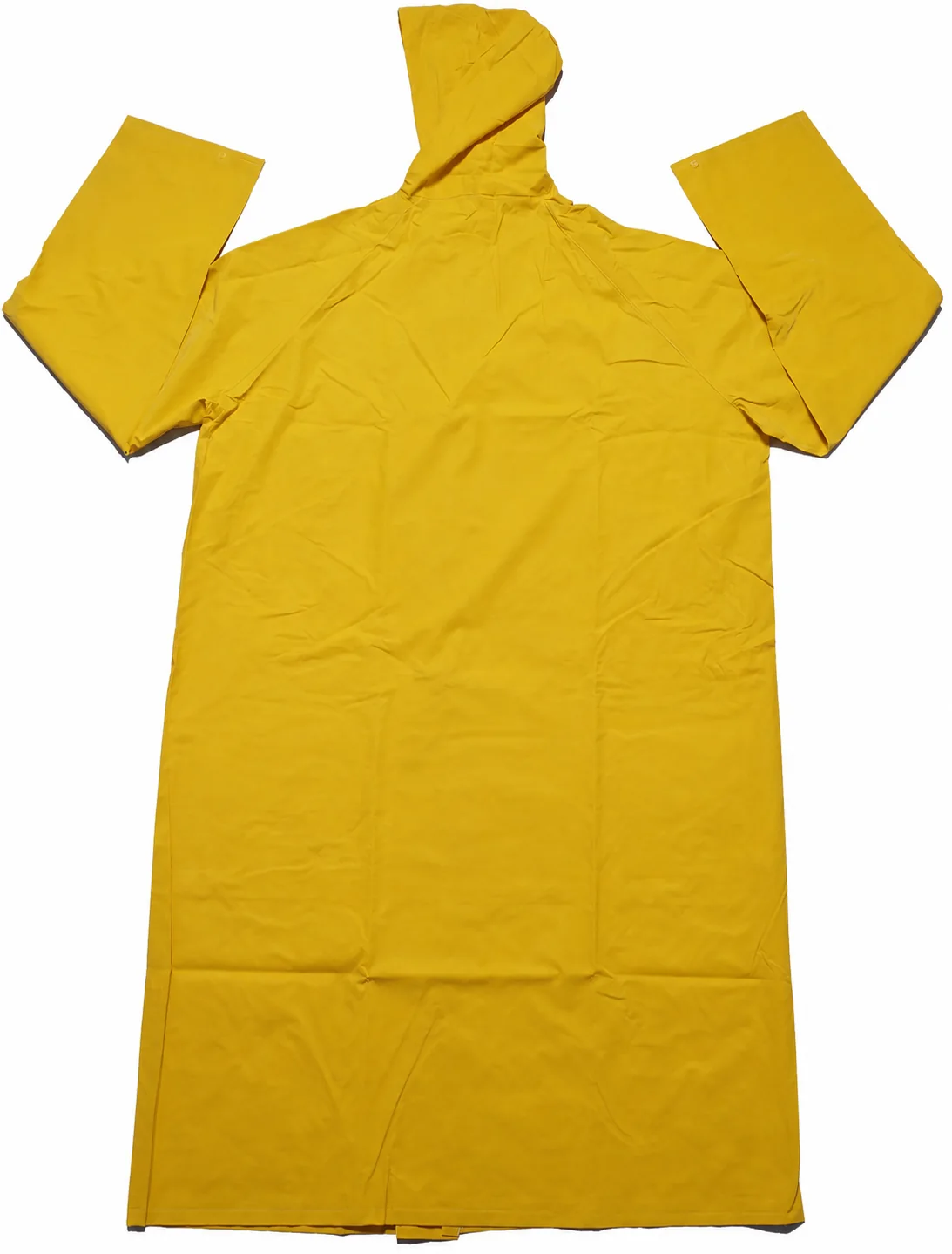 Clean EverBen-owned yellow PVC raincoat rear view showing hood, sleeves and panel geometry