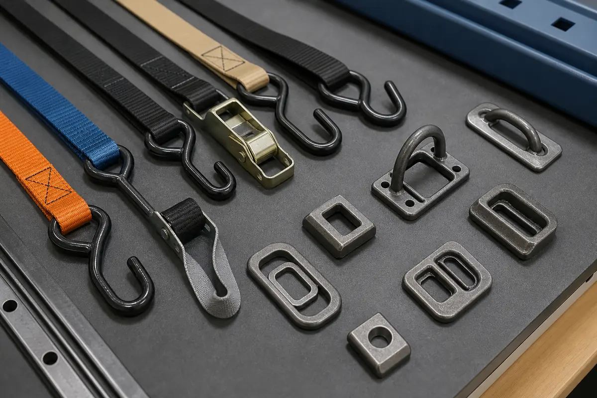 Unbranded hooks, loops and cam-buckle fittings beside inert anchor mock-ups with different clearances