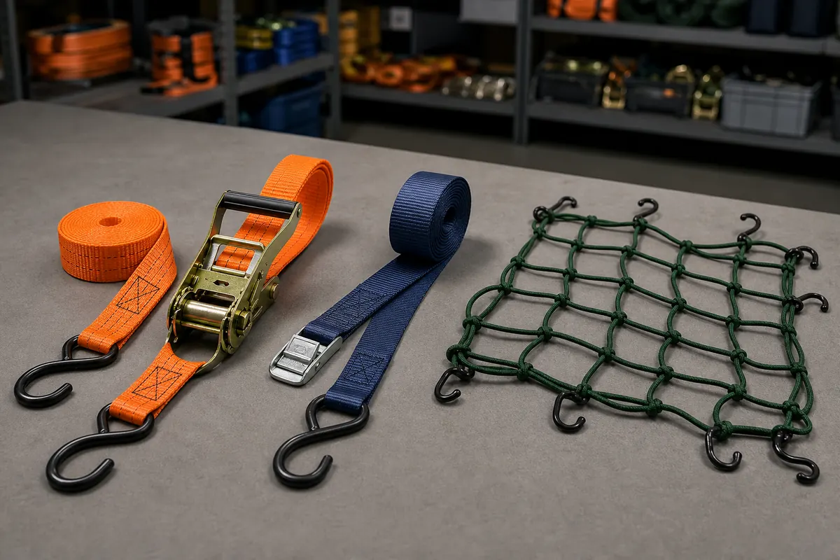 Unbranded ratchet strap, cam-buckle strap and elastic cargo net displayed as separate assembly routes