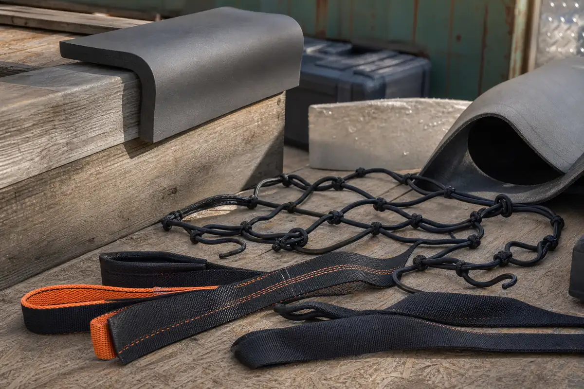 Relaxed webbing and cargo-net samples beside edge protector and surface mock-ups for environment planning