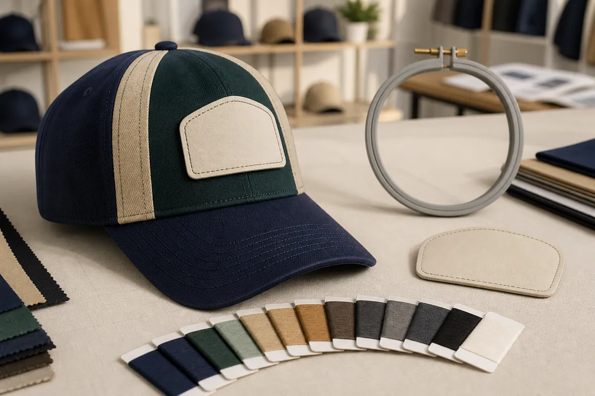 Plain multi-panel baseball cap with blank patch shapes, empty hoop and unmarked thread swatches