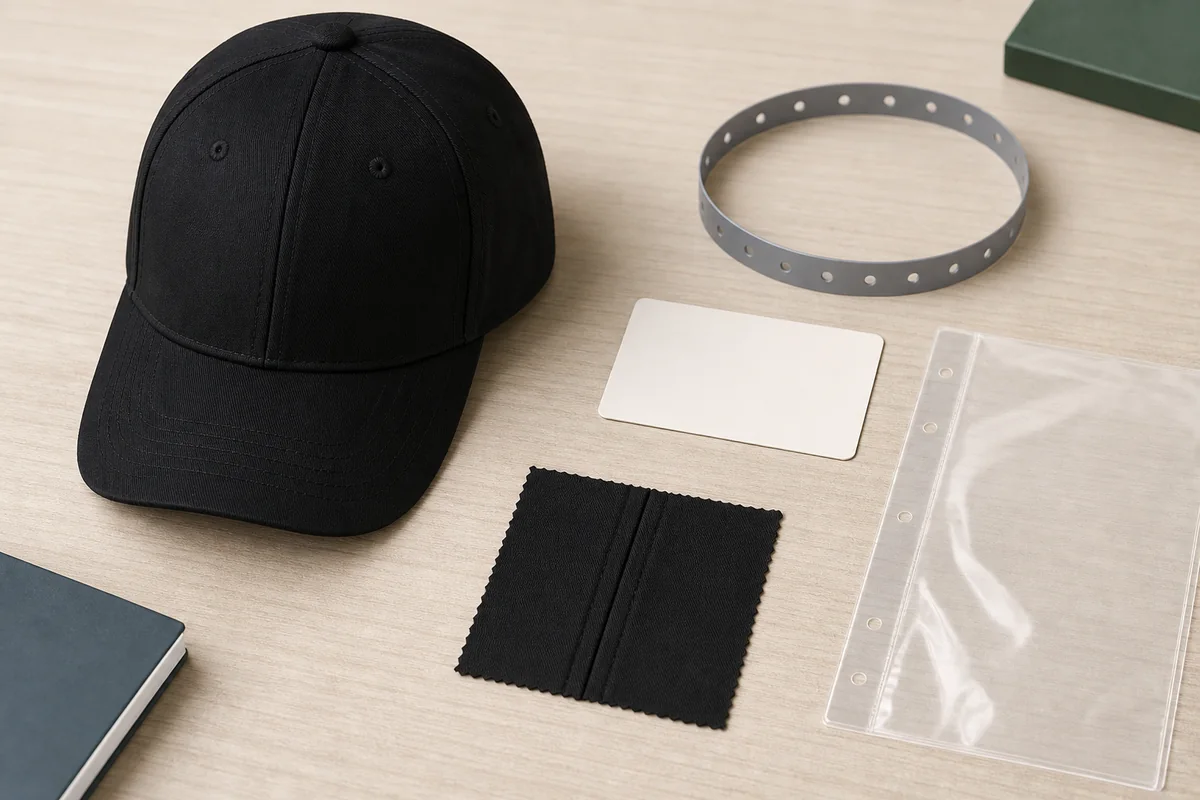 Plain cap with size ring, blank color card, seam sample and empty evidence sleeves