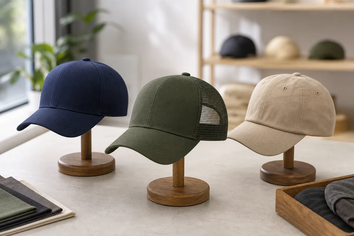 Three unbranded caps with different crown, back-panel and closure constructions displayed for route review