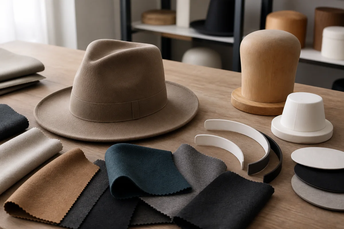 Unbranded fedora-style hat with neutral swatches and support forms for material-and-shape review