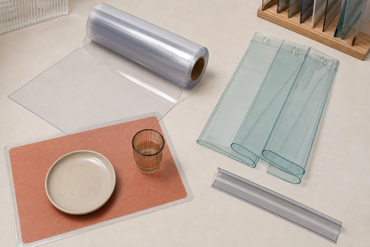Clear roll, finished table mat, hanging panel and strip sample displayed as separate flexible-plastic objects