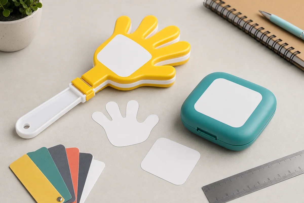 Unbranded molded promotional items with blank placement masks, color swatches and neutral ruler