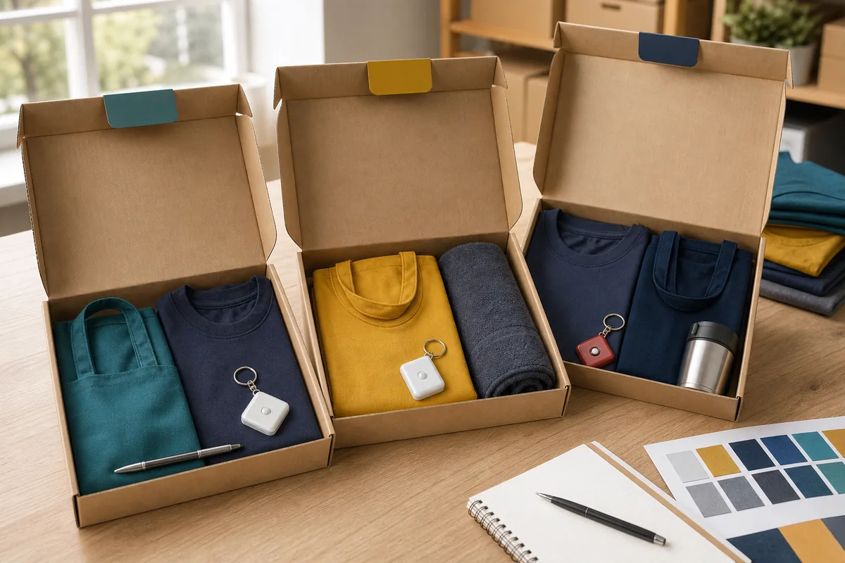 Three open unbranded merchandise kits with different textile, tool, tote and accessory combinations