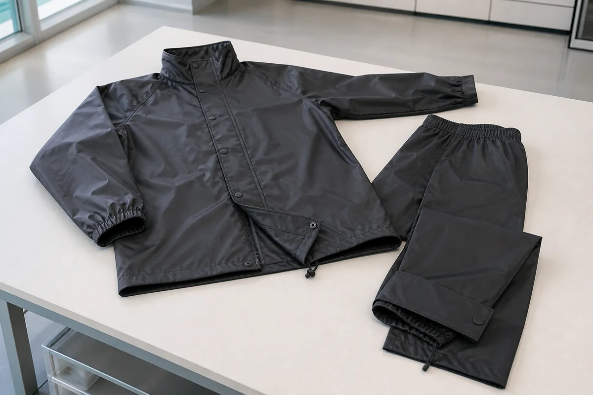 Plain coated rain jacket and trousers arranged to review cuffs, hems, waist overlap and closure interfaces