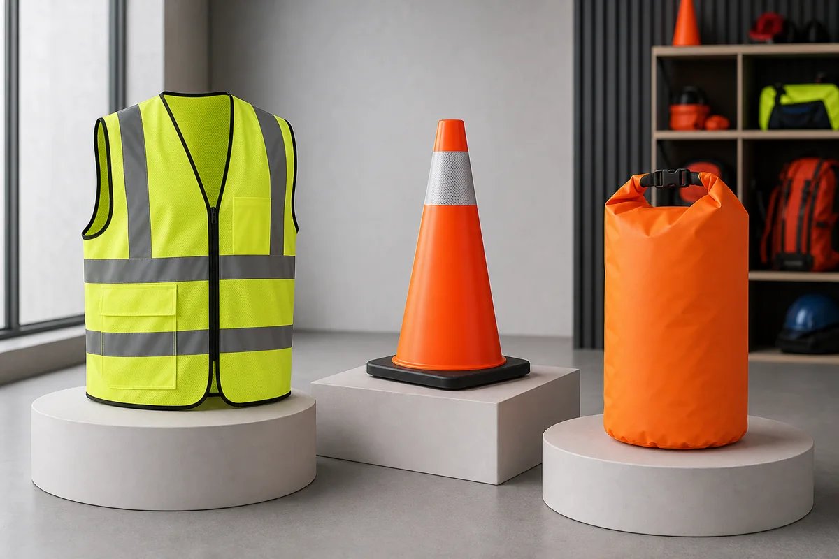 Unbranded visibility vest, traffic cone and roll-top dry bag separated as safety and outdoor product routes