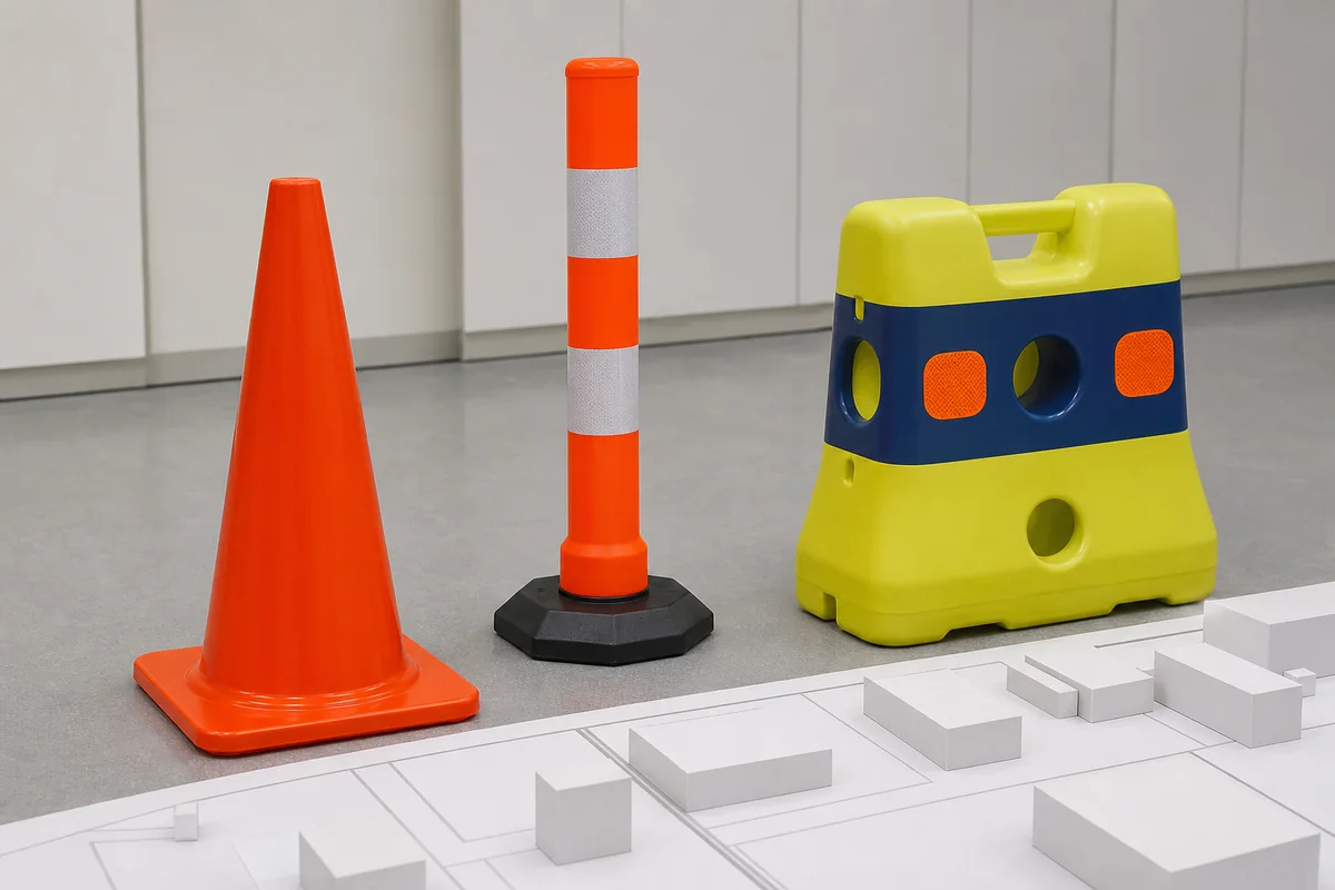 Plain cone, delineator post and barrier-style module arranged for traffic-control role review