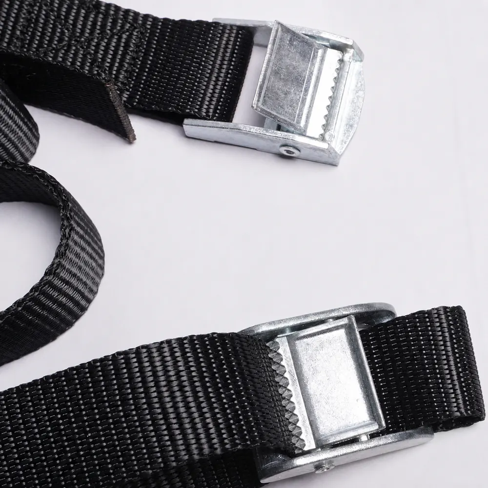 Black webbing and two cam buckles show tooth engagement, surface contact and loose-end routing at close range.