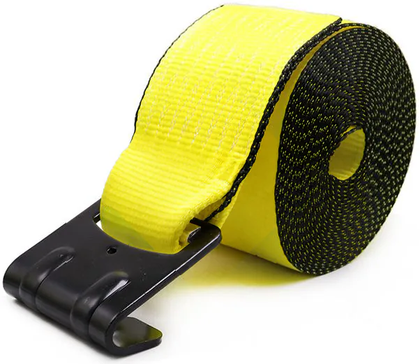 Complete yellow-and-black woven winch strap roll with sewn flat hook fully visible