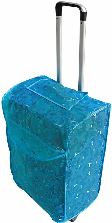 Complete alternate-angle blue EVA suitcase cover with telescopic handle, front pocket, side panel and lower edge visible