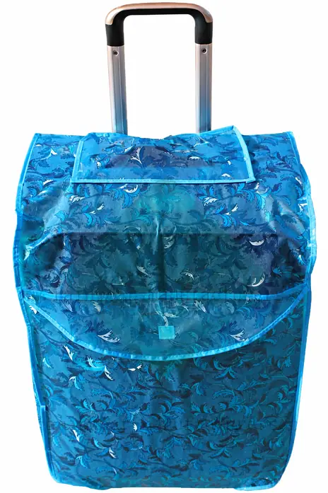 Complete front view of a translucent blue floral EVA luggage cover with top handle opening, front pocket and blue piping