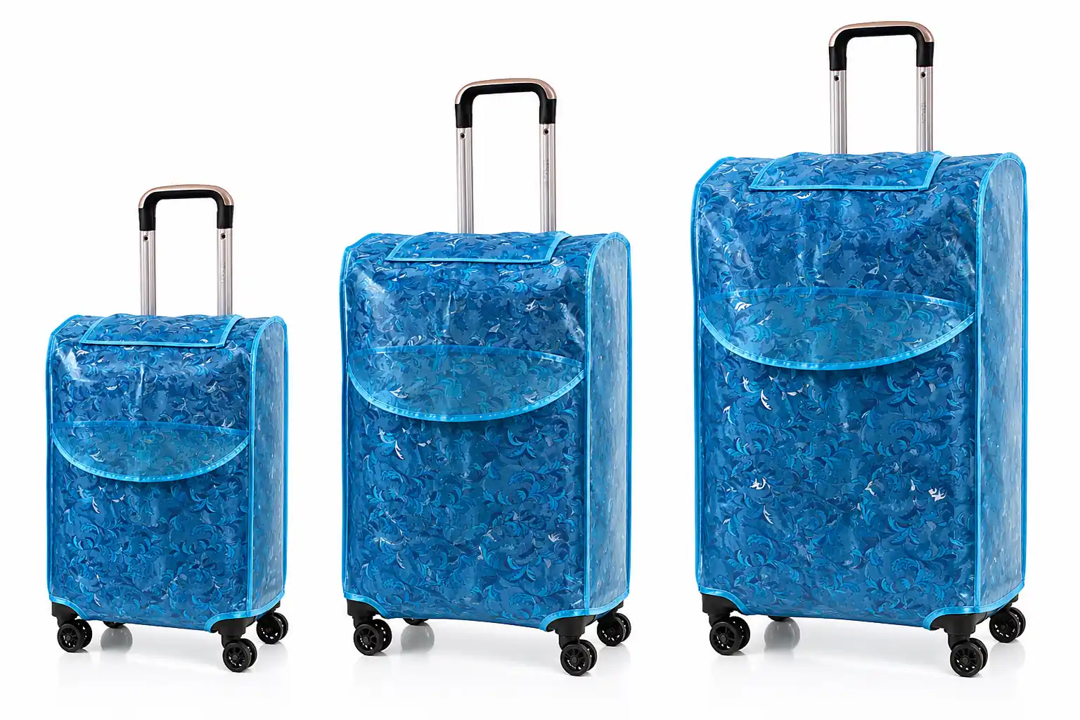 Three complete translucent blue floral EVA luggage covers on cabin, medium and large suitcases