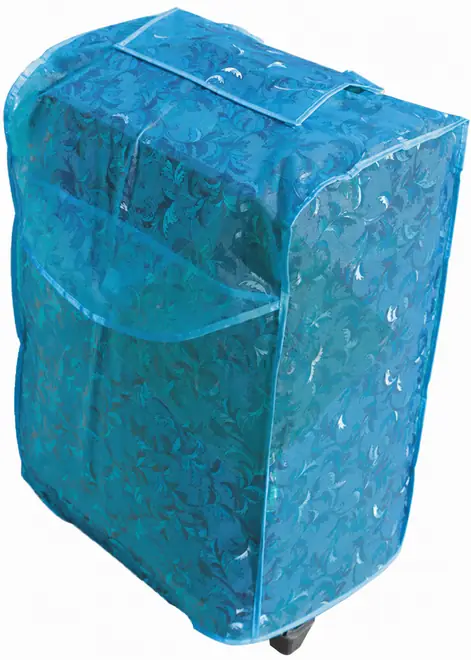 Complete three-quarter view of a translucent blue floral luggage cover showing side depth, top opening and lower wheel clearance