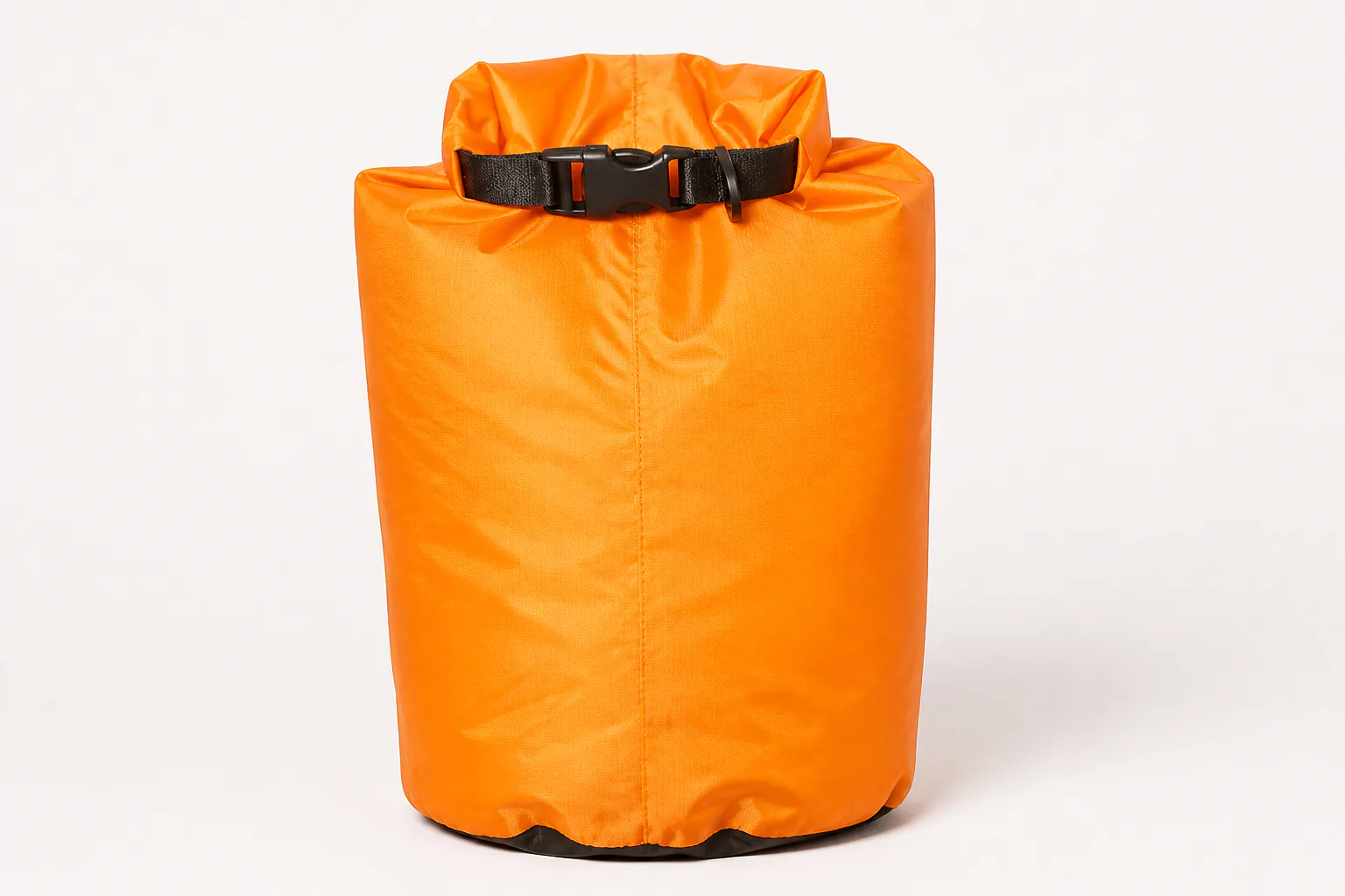 Complete unbranded orange dry bag with gathered single-fold closed mouth, centered black buckle, short webbing and front center seam