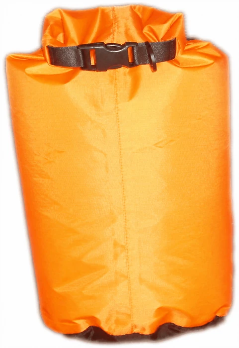 Front product view showing orange fabric body, cinched top closure, side-release buckle and vertical center stitching