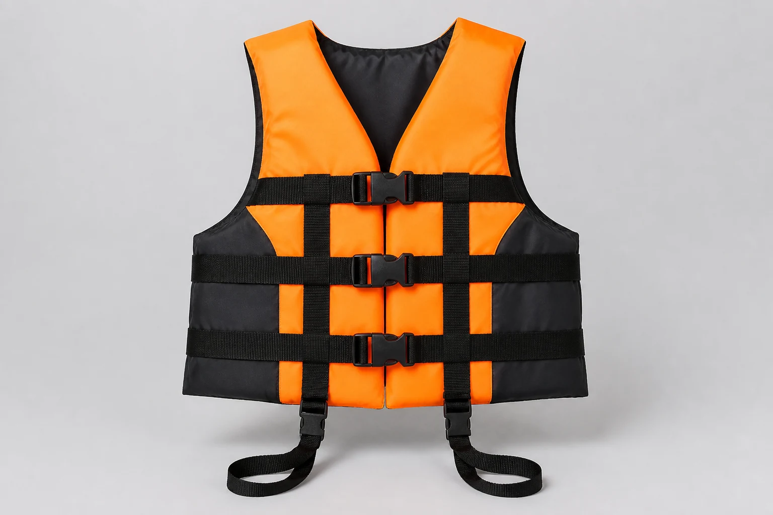 Complete orange and charcoal life vest front with buckle and retention layout