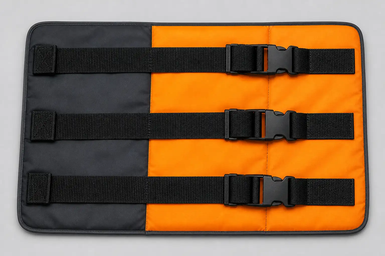 Three life vest buckle and adjustable webbing routes on a padded inspection panel