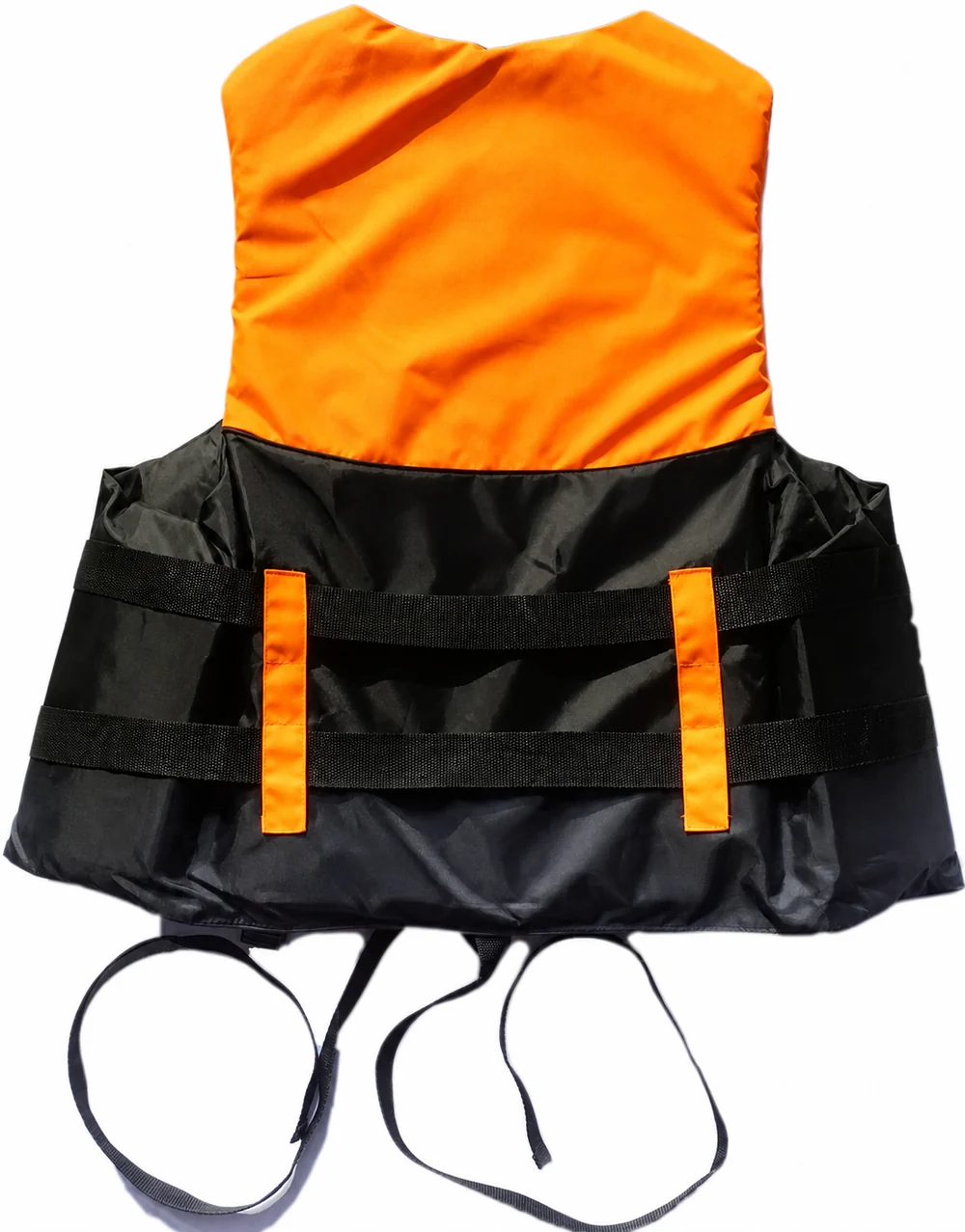 Complete orange and charcoal life vest rear with adjustable webbing and lower retention straps