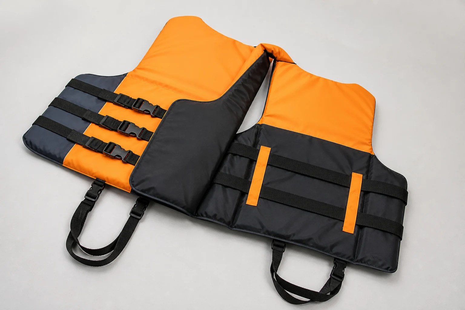 Complete life vest opened to show interior panels and adjustment straps