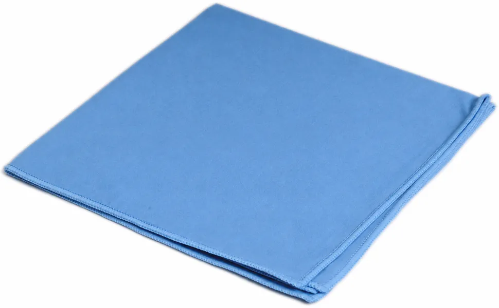 Complete blue microfiber eyeglass cleaning cloth with stitched edges and folded layers